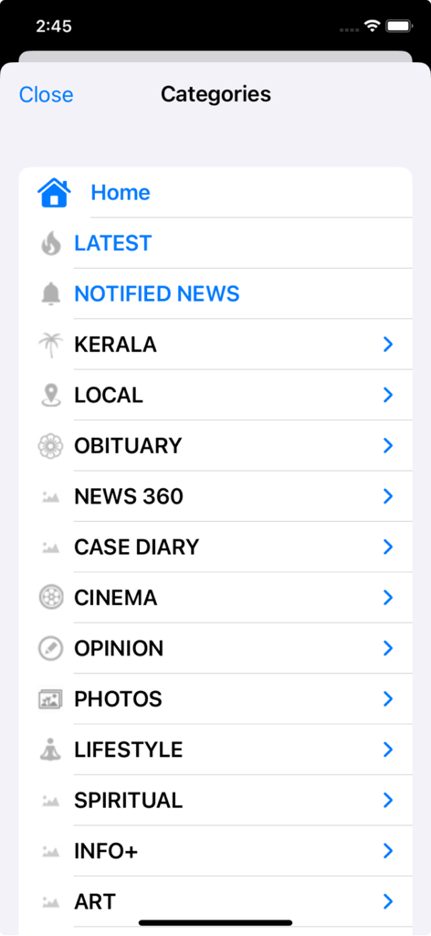 Kaumudi News - The categories menu of the Kaumudi News app listing various news sections including Kerala Local and Cinema