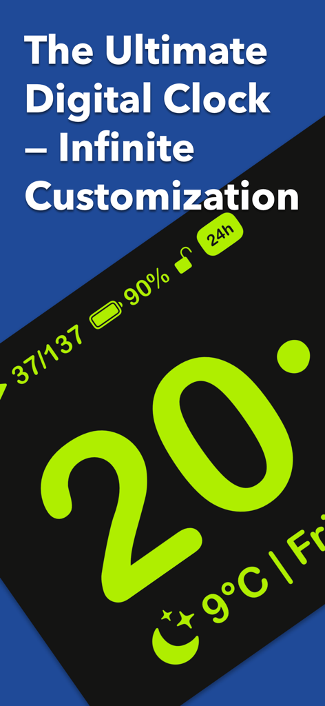 Mugen Clock app interface featuring large neon green numbers with battery and weather details