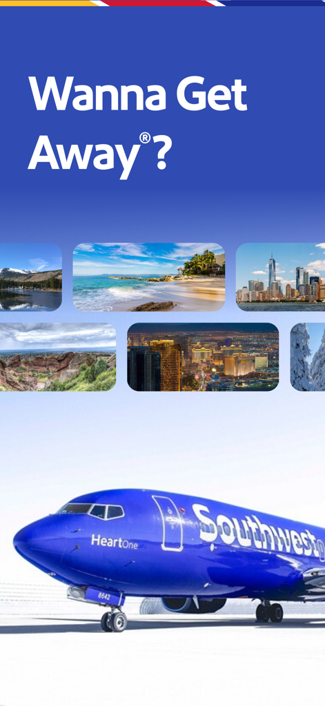 Southwest Airlinesの青い飛行機と旅行先の写真に「Wanna Get Away」というテキストが表示されています。