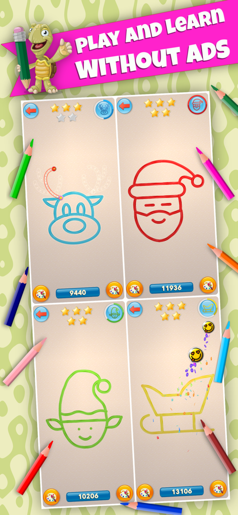 BeeArtist - Learn to Draw Easy - BeeArtist mobile app interface showing Christmas themed drawing activities for children with no ads