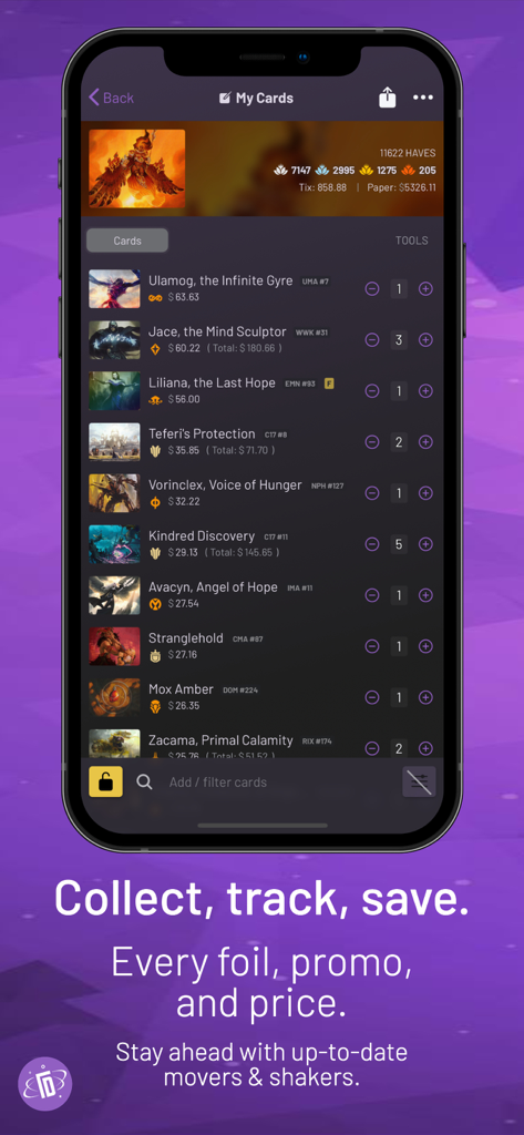 TopDecked MTG - Mobile app screen showing Magic The Gathering card collection inventory and market prices.