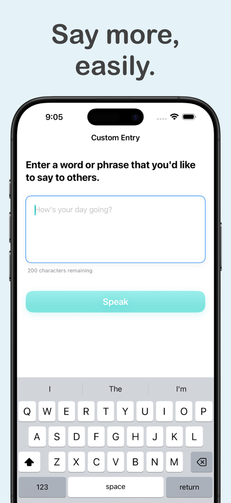 Interface of the SpeakLink app showing a custom text entry field and a large Speak button for text-to-speech communication.