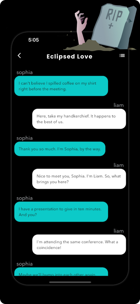A chat story interface from the Texting Story app showing a romantic conversation between characters Sophia and Liam.