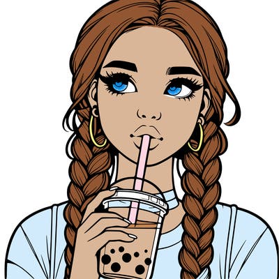 realistic girl with braided hair drinking boba