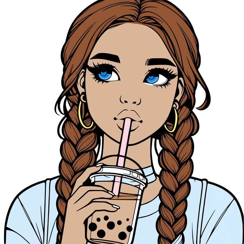 realistic girl with braided hair drinking boba