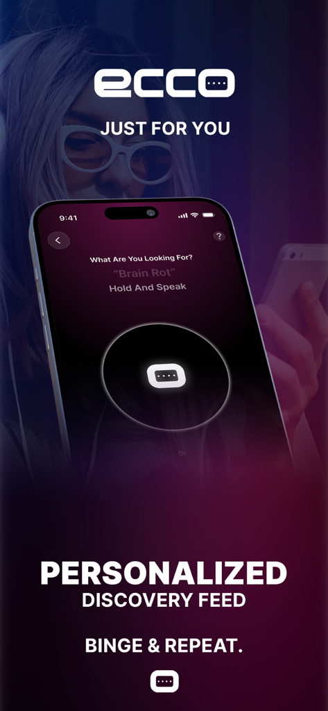 ECCO: Find Movies & TV Shows - ECCO app interface showing the voice search feature and personalized discovery feed for streaming content