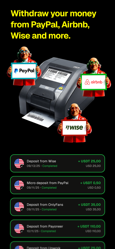 Screenshot der El Dorado App, der die Transaktionshistorie für Abhebungen von PayPal, Wise und anderen Plattformen in digitale Dollar zeigt.