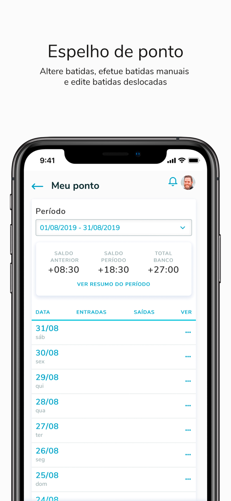 TOTVS My HR - Schermata dello smartphone che mostra la funzione specchio del timbratore nell'app TOTVS My HR con un riepilogo delle ore e dei registri di presenza giornalieri