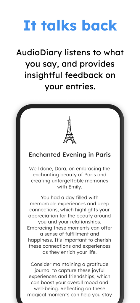 Audio Diary - a simple journal - Audio Diary app interface showing personalized AI feedback on a journal entry