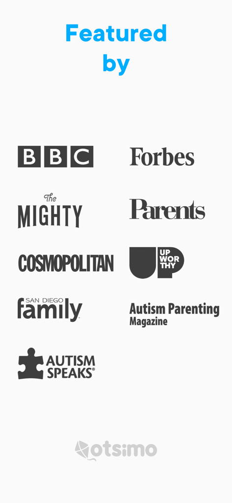 Otsimo | School and Classroom - A collection of media logos including BBC, Forbes, and Autism Speaks where Otsimo has been featured.