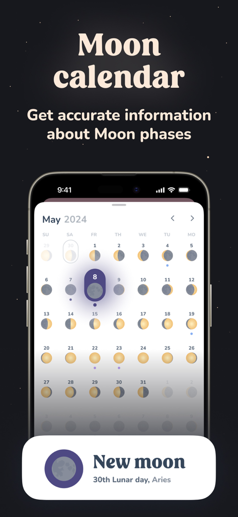 Navamsha: Moon Phase Calendar - Navamsha-App Mondkalender, der die monatlichen Mondphasen und eine Neumond-Benachrichtigung anzeigt.