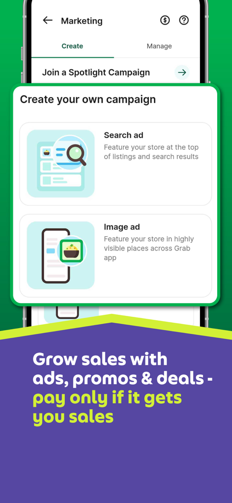 GrabMerchant App-Bildschirm mit Optionen zum Erstellen von Such- und Bildanzeigen