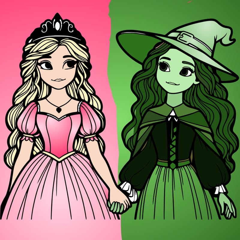 a princess and a witch holding hands realistic