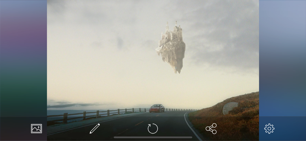 SkyAR - AI Change Photo Sky - A creative photo edit using SkyAR showing a car on a coastal road with a surreal floating castle in the sky