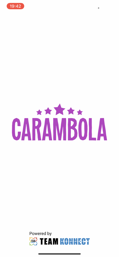 CARAMBOLA - Carambola Schulmahlzeiten-Bestell-App Splashscreen mit dem lila Logo und Sternsymbolen