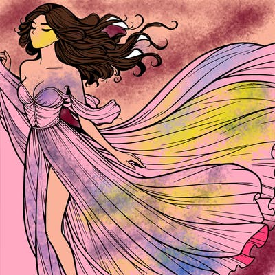 realistic woman in dress flowing the the wind