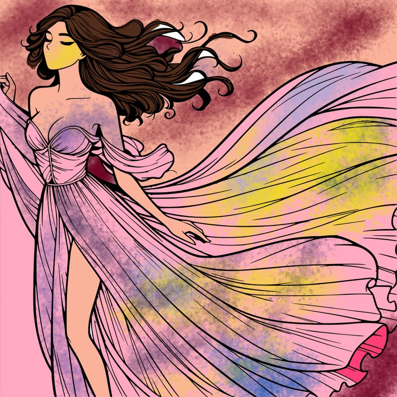 realistic woman in dress flowing the the wind