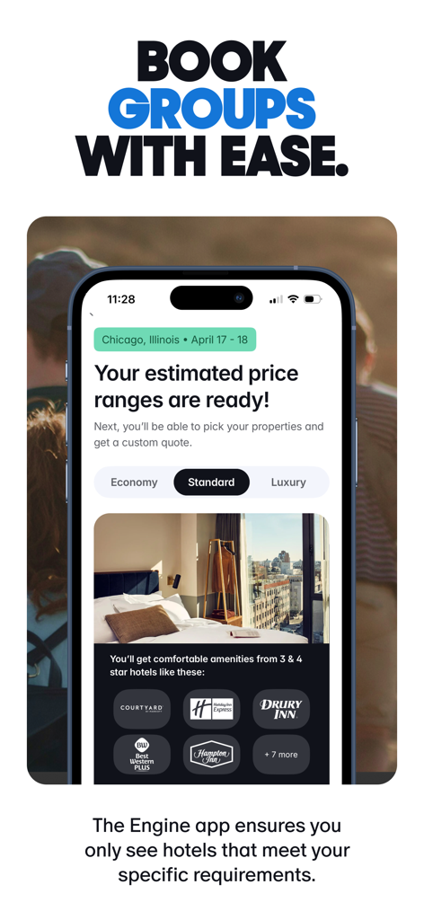 Engine Corporate Travel - Interface of the Engine Corporate Travel app showing group hotel booking options and price range filters