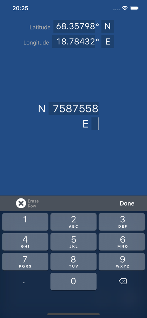 Swedish Coordinates - Swedish Coordinates app interface for manual coordinate entry with a numeric keypad