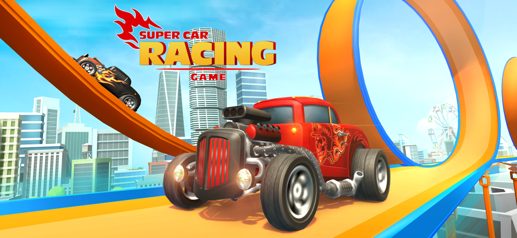 Race Master 3D - Car Stunts - Red hot rod car racing on an orange loop stunt track with a city skyline in the background