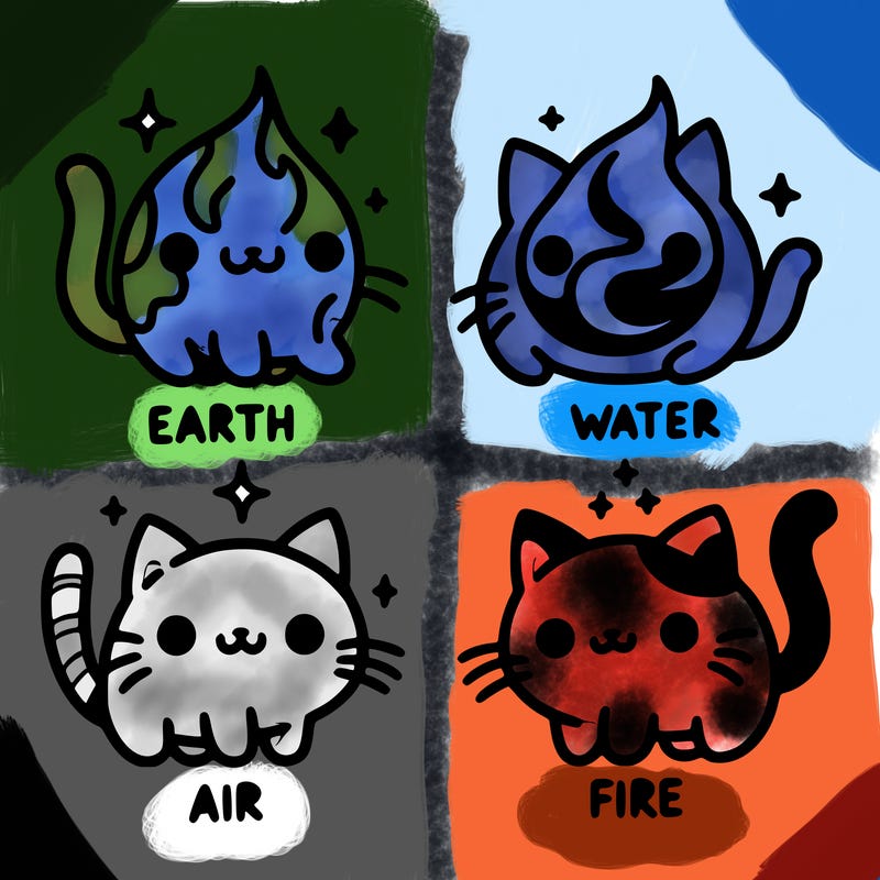 4 cats that represent the different elements, earth, water, air, and fire
