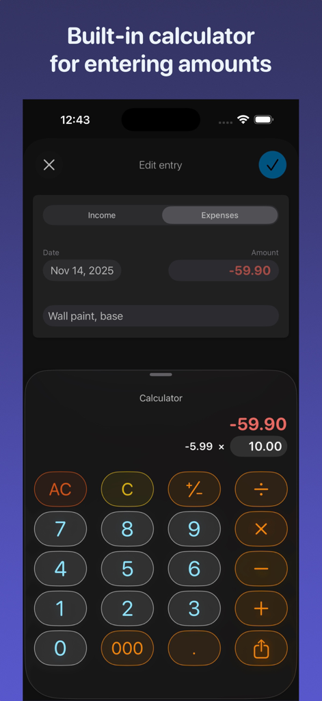Integrierte Rechnerschnittstelle in der Advance expense report App zur Eingabe beruflicher Ausgaben