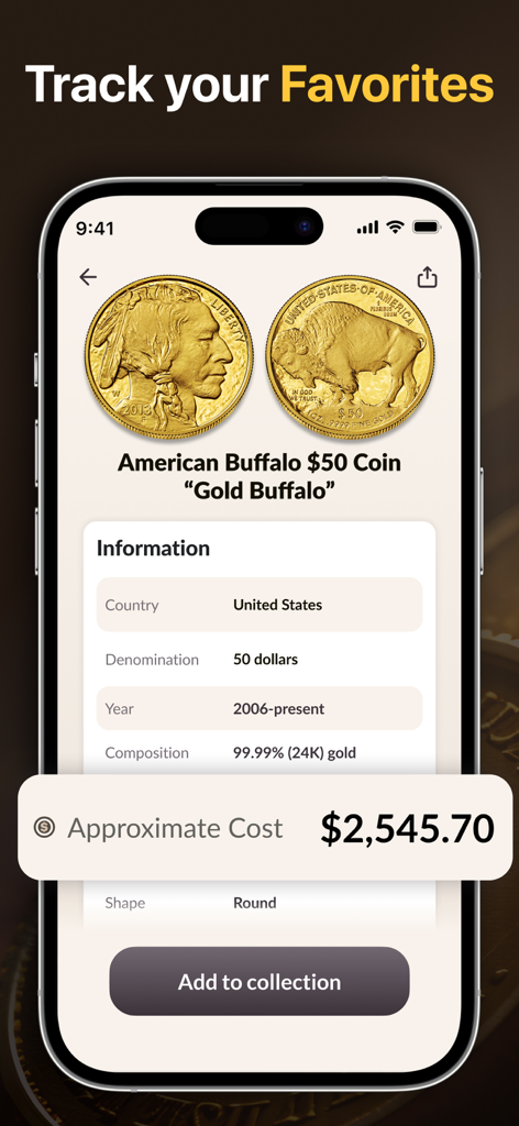 Tela do aplicativo móvel mostrando a avaliação e os detalhes de uma moeda de ouro American Buffalo de 50 dólares