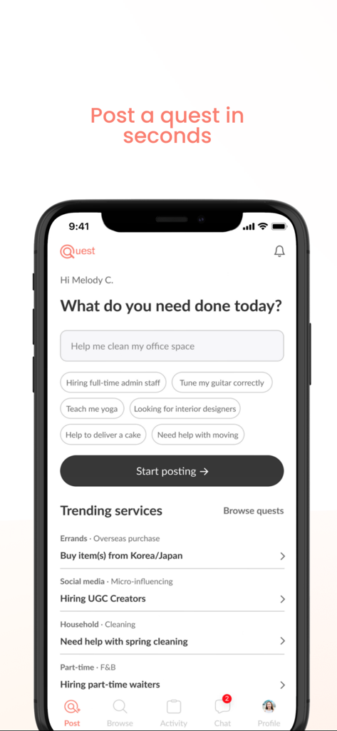 A smartphone screen displaying the Quest app interface to post tasks and view trending services.
