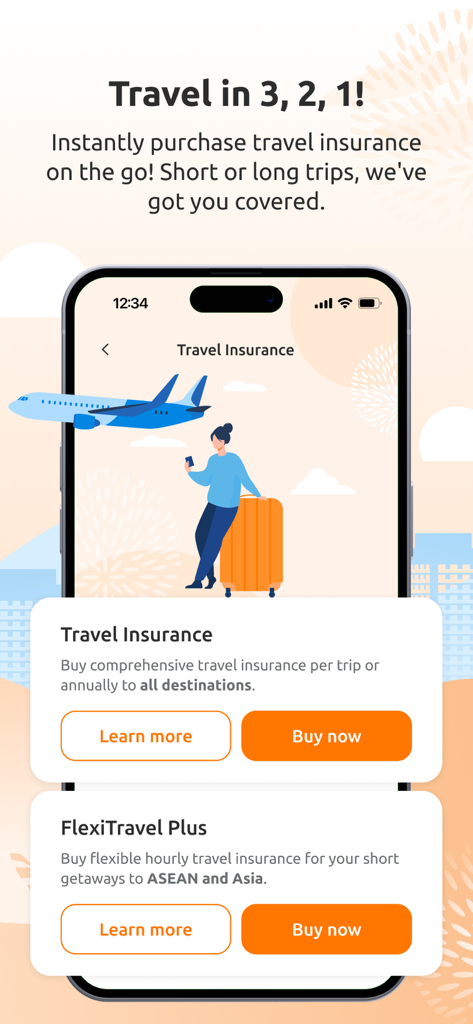 My Income app interface showing options to purchase travel insurance and FlexiTravel Plus policies
