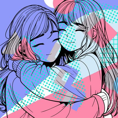 realistic two girls hugging