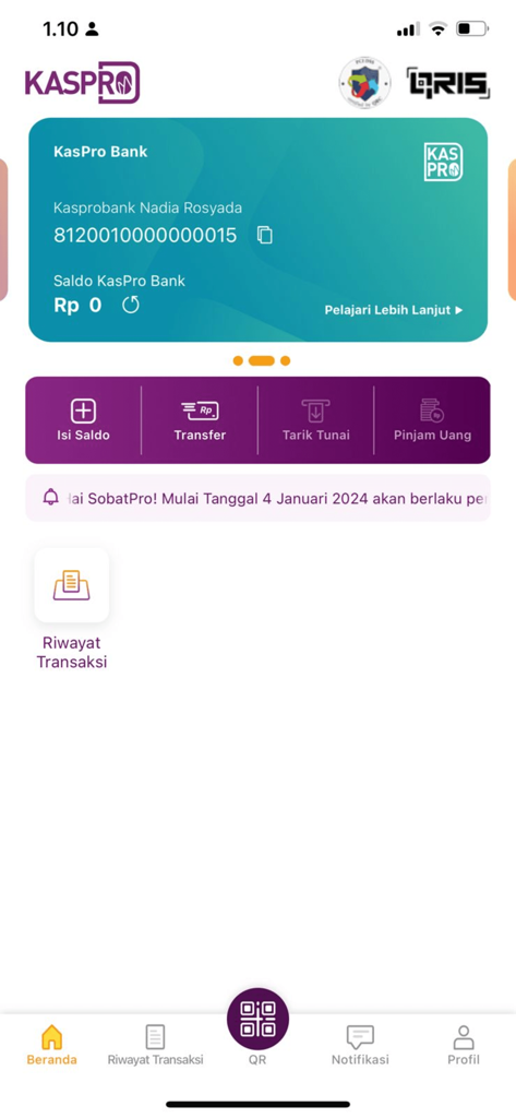 KasPro - Tela inicial do aplicativo KasPro exibindo saldo da carteira e recursos de pagamento