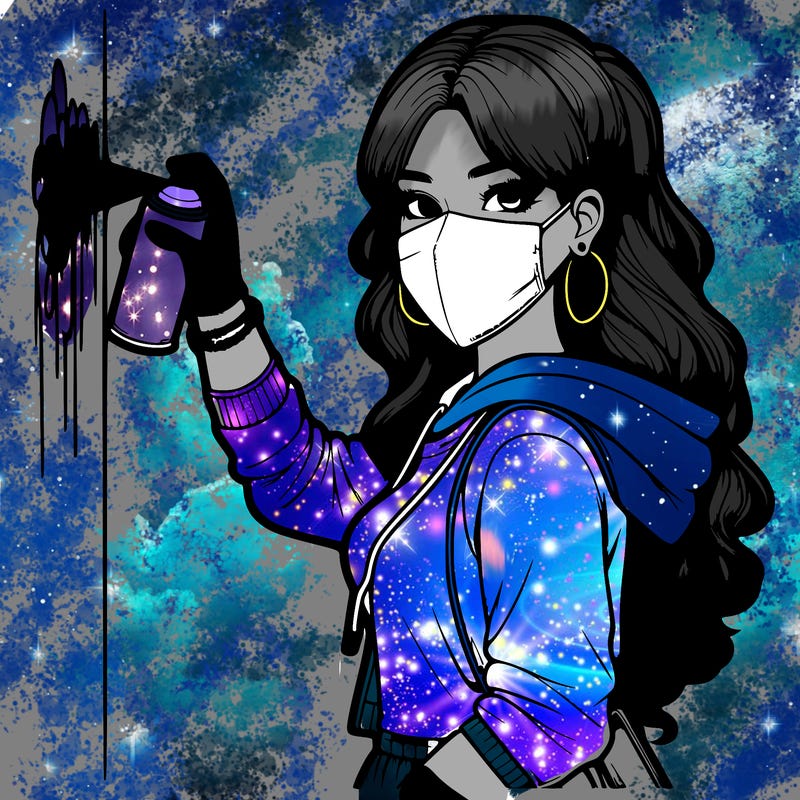 realistic girl with mask spray painting a wall