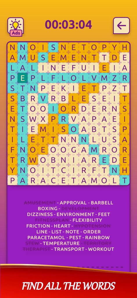 Une grille de mots cachés colorée dans un jeu mobile avec divers mots mis en évidence et une liste de termes ci-dessous.
