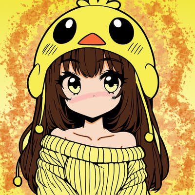 anime girl with chick shaped hat with sweater with bare shoulders with bangs covering them one eye with low tail