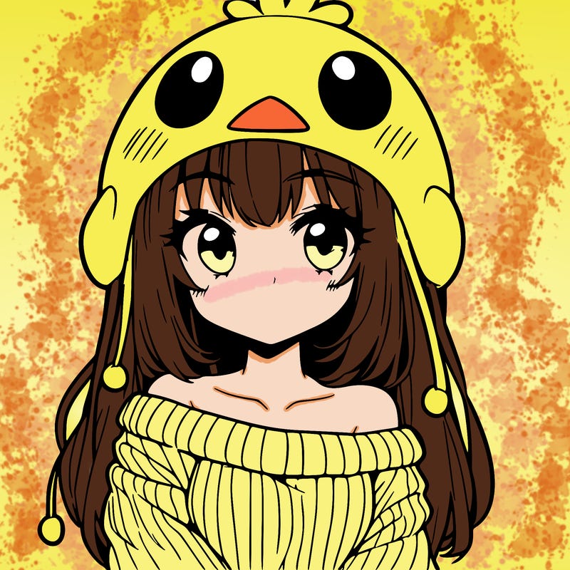 anime girl with chick shaped hat with sweater with bare shoulders with bangs covering them one eye with low tail