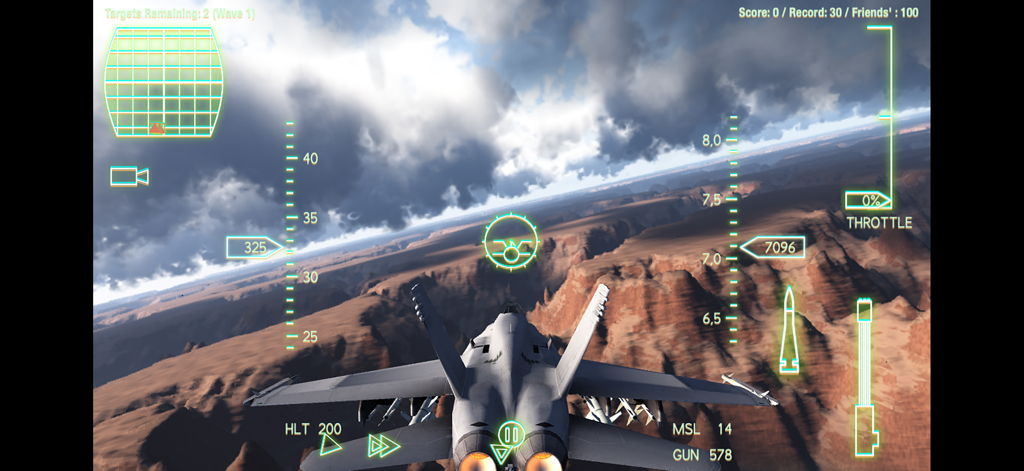 Alliance: Air War - Modern fighter jet flying through a desert canyon with a flight HUD in Alliance Air War