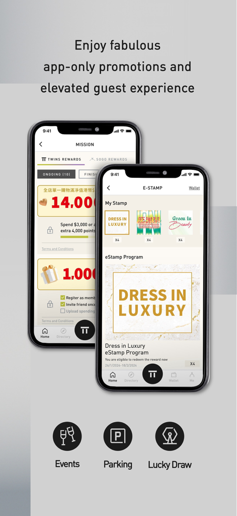 The Twins Rewards - Una pantalla de teléfono móvil que muestra la interfaz de la aplicación The Twins Rewards con misiones de lealtad, seguimiento de puntos y programas de e-stamp de lujo.