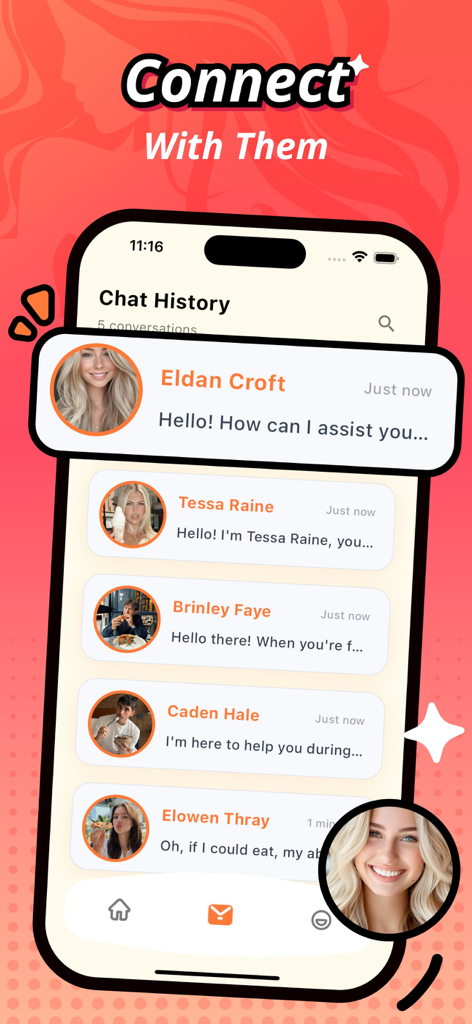 Gleebo app interface showing the chat history screen with various AI character profiles like Eldan Croft and Tessa Raine.