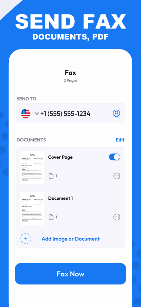 Scan Cam: Docs PDF Scanner App - Interfaz de la aplicación Scan Cam para enviar documentos y PDFs por fax.