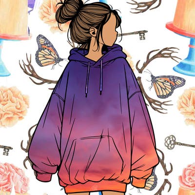 realistic girl with a oversized sweatshirt on and a bun