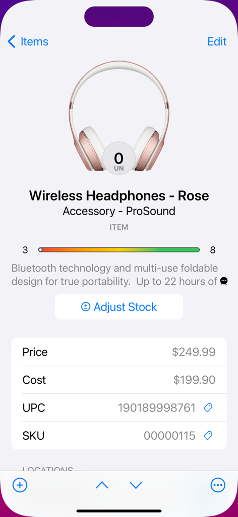 Invoice Center - Get Paid Fast - A product detail screen in the Invoice Center app displaying stock levels price and SKU for wireless headphones.