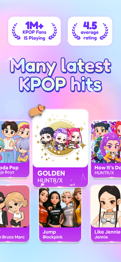Mobile game interface showing various K-pop song titles and chibi style idol characters