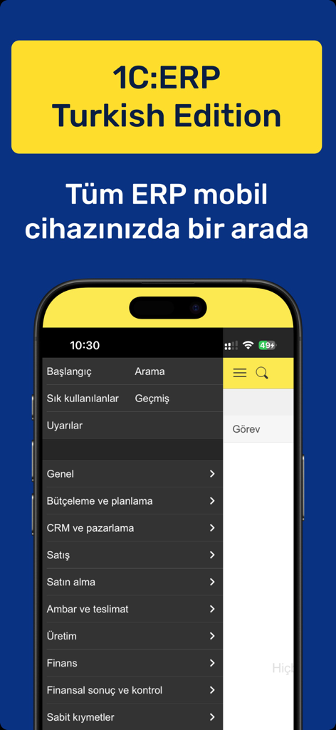 1C:ERP TE - Painel e menu de navegação do aplicativo móvel 1C ERP Turkish Edition