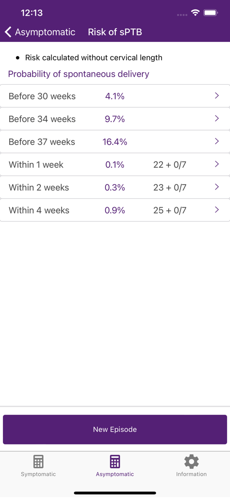 QUiPP - QUiPP app screen showing probability of spontaneous preterm birth for asymptomatic patients across different timeframes