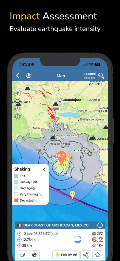 Earthquake plus app interface displaying an impact assessment map with seismic shaking intensity levels and a 6.2 magnitude epicenter in Mexico