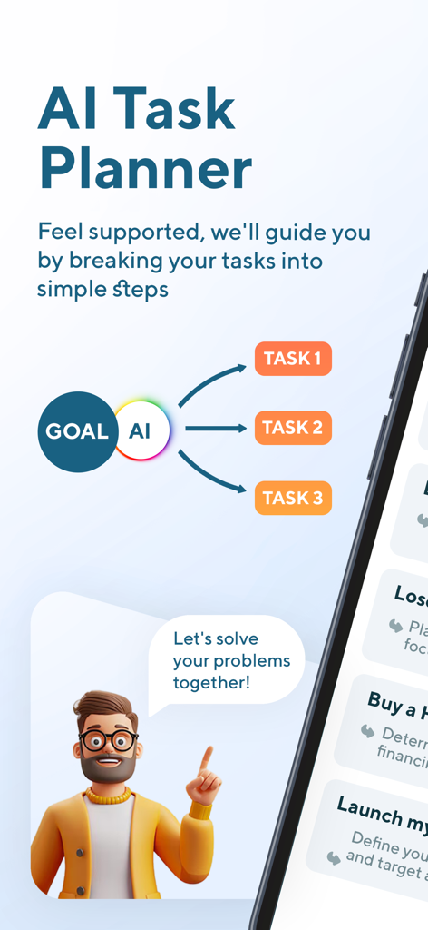 Interface de l'application Splitti montrant l'IA décomposant un objectif en trois tâches plus petites avec un personnage assistant 3D de soutien.
