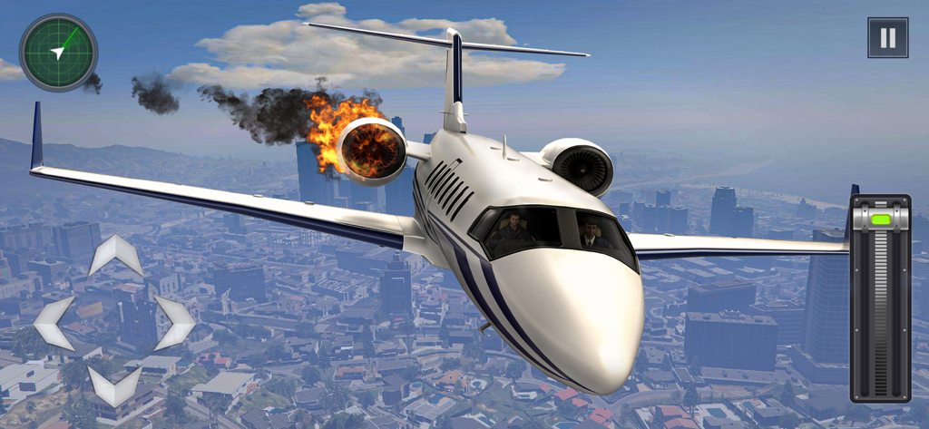 Plane Simulator: Airplane - A private jet with a burning engine flying over a city in a flight simulator emergency mission