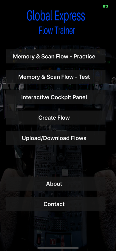 Main menu of the Global Express Flow Trainer app showing various training and testing options for pilots