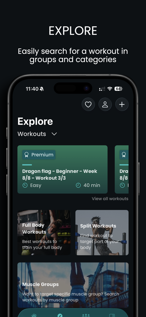 Caliverseアプリのエクスプローラー画面で、さまざまな自重ワークアウトカテゴリとプレミアムトレーニングプランを表示