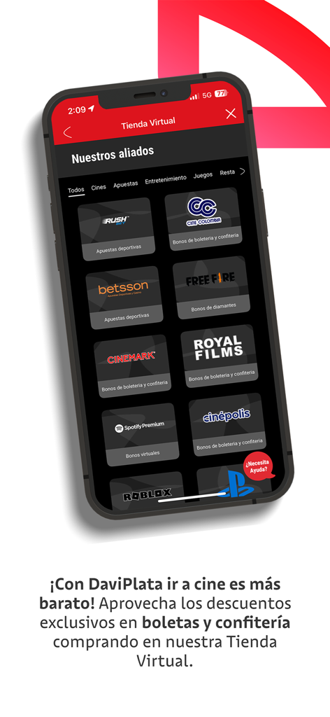 DaviPlata virtual store showing entertainment partners and movie ticket discounts